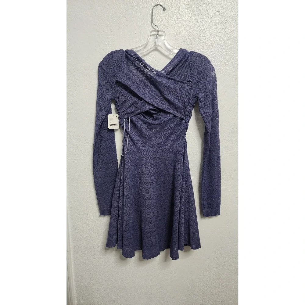 Free People Prep Peri Blue Lace Mini Dress Long Sleeve XS NWT‎